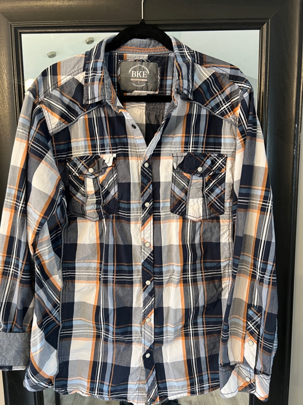 BKE Navy, White & Orange Plaid Western Button-Up Shirt